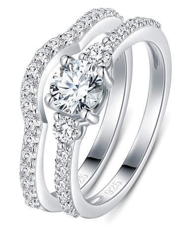 BORUO 925 Sterling Silver Ring, Cubic Zirconia CZ 2pc Wedding Band Stackable Ring Set Size 4