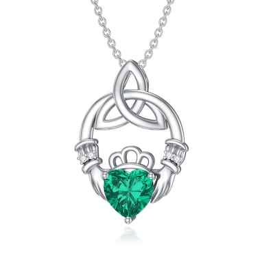 MOLICACI S925 Silver Emerald Claddagh Necklace for Women, 2.0Ct Emerald Claddagh with Celtic Knot Necklace for Ladies, Lab Grown Diamond Accents Irish Necklace, for St. Patrick Day, 18+2in