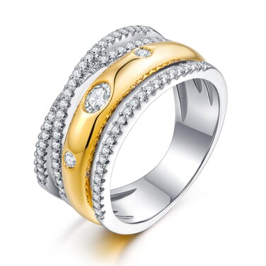 WOWORAMA Gold Silver Criss Cross Rings for Women Two Tone Chunky Band Rings Statement CZ X Stacking Rings Crossover Eternity Ring Stainless Steel Rings Size 9