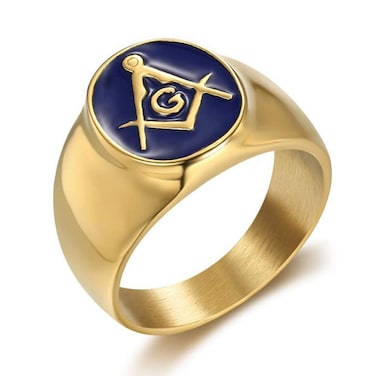 INRENG Stainless Steel Gold Plated Freemason Masonic Rings for Men Women Blue G Lodge Master Mason Signet Band Size 8