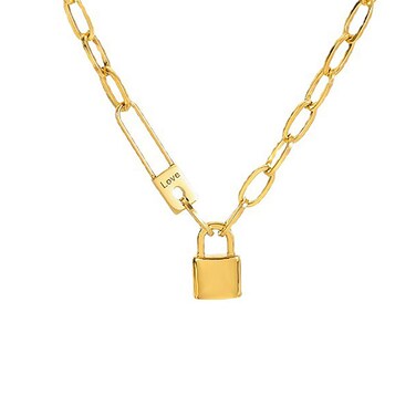 Gold Titanium Paperclip Chain Link with Lock Pendant Necklace for Women Teen Stainless Steel Clavicle Choker Engraving Letter Love for Mother Daughter Birthday Anniversary Jewelry Gift