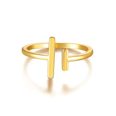 GNIRTSI Gold Parallel Bar Ring for Women Asymmetrical Double T Line 14K Gold Plated Minimalist Stack Thin Band Open Finger Jewelry Size 5