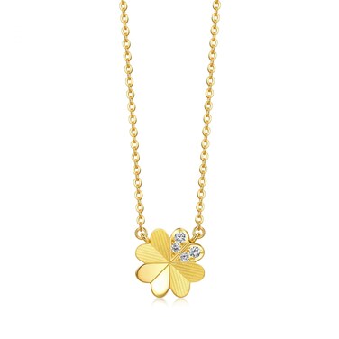 CHOW SANG SANG Dazzling Mirror Gold 999 24K Solid Gold Four-Leaf Clover with Diamond Necklace for Women 94311N   18.5 Inches, (47 CM)