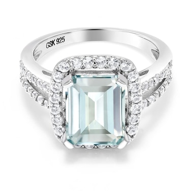 Gem Stone King 3.68 Cttw Sky Blue Simulated Aquamarine Engagement Ring For Women   925 Sterling Silver   Emerald Cut 10X8MM   Available In Size 5,6,7,8,9