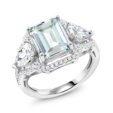 Gem Stone King 3.89 Cttw Sky Blue Simulated Aquamarine Ring For Women In 925 Sterling Silver   Emerald Cut 10X8MM   Available In Size 5, 6, 7, 8, 9
