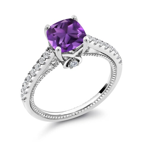 Gem Stone King 925 Sterling Silver Cushion 7MM Gemstone Birthstone and White Created Sapphire Engagement Ring   Wedding Engagement Anniversary Promise Ring For Women