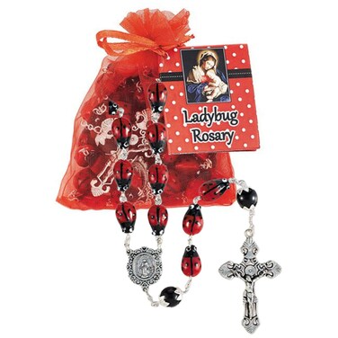 Red Lady Bug Rosary Gift Set with Organza Bag and Story Card, Catholic Keepsake Ceramic Prayer Necklace for Women, 29 Inches