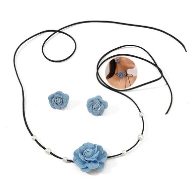 Kenjudess Vintage Denim Flower Choker Necklace with Faux pearl Artificial Floral Rose Collar Neck Chain Beach Wedding Bridal Long Wrap Lether Necklace for Women