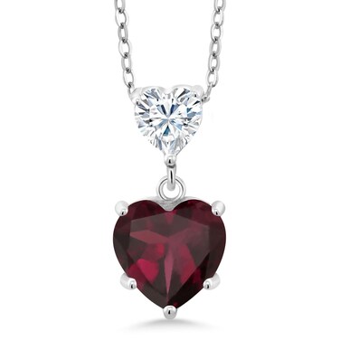 Gem Stone King 925 Sterling Silver Red Rhodolite Garnet and White Moissanite Double Heart Pendant Necklace for Women (2.42 Cttw, Heart 8MM and 5MM, with 18 Inch Silver Chain)