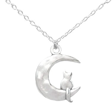 Li-Jacobs Cat on the Moon Necklace: Silver Crescent Charm for Cat Lovers - Gift for Her Birthday, Christmas, Mother's Day, Valentines Day