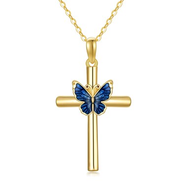 YDD 14K Solid Gold Cross Necklace for Women Butterfly Cross Pendant Necklace Cross Chain for Her, Mom, Wife Gifts 16"-18