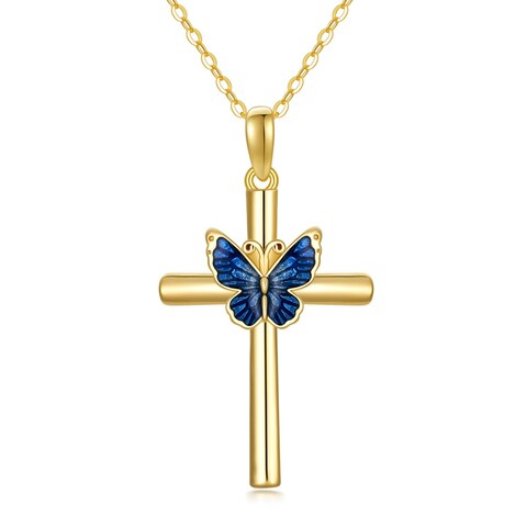 YDD 14K Solid Gold Cross Necklace for Women Butterfly Cross Pendant Necklace Cross Chain for Her, Mom, Wife Gifts 16&quot;-18