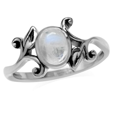 Silvershake 8X6mm Natural Oval Shape Moonstone 925 Sterling Silver Leaf Vintage Inspired Ring Size 4.5