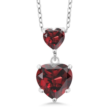 Gem Stone King 925 Sterling Silver Red Garnet Double Heart Pendant Necklace for Women (2.60 Cttw, Heart 8MM and 5MM, with 18 Inch Silver Chain)