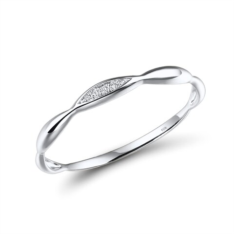 Santuzza 10K White Solid Gold Genuine Diamond Dainty Twisted Stacking Ring for Women (6.5)