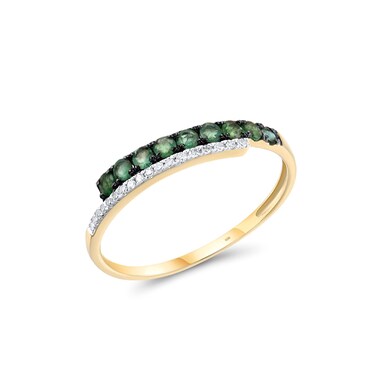 Santuzza 10K Yellow Solid Gold 2-Row Gemstone Ring Genuine Diamond Emerald Dainty Ring for Women (9)