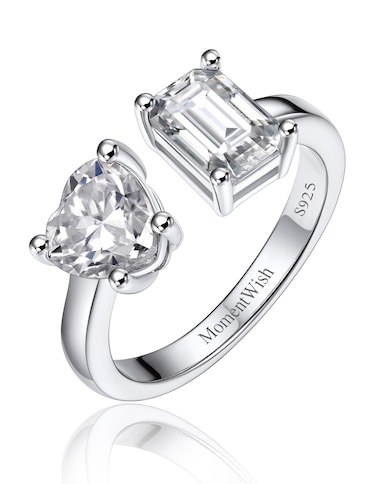 MomentWish Engagement Ring, Moissanite Promise Ring for Women, Heart and Emerald Cut Toi Et Moi Rings, Adjustable 925 Sterling Silver Wedding Ring (2Carat, VVS1)