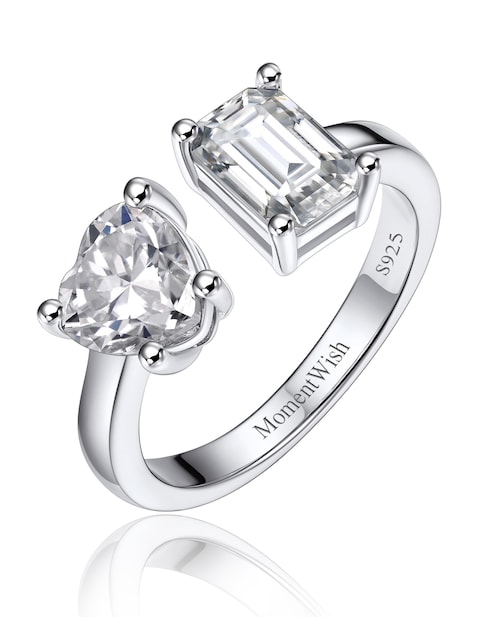 MomentWish Engagement Ring, Moissanite Promise Ring for Women, Heart and Emerald Cut Toi Et Moi Rings, Adjustable 925 Sterling Silver Wedding Ring (2Carat, VVS1)