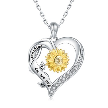 You are My Sunshine Necklace Sunflower Jewelry for Women - 925 Sterling Silver Locket with Engraved Hidden Message Pendant Mother's Day Gifts for Couples Mother Daughter (Heart Sunflower)