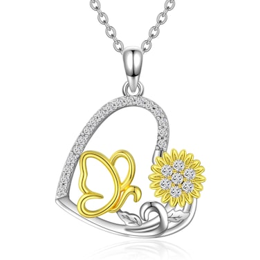 ADLSTIGH Sunflower Necklace 925 Sterling Silver Sunflower Necklaces for Women 14K Gold Plated Love Heart Sunflower Pendant Necklace With Butterfly You Are My Sunshine Necklace 18"-20