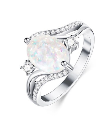 DOLIOX Opal Rings For Women 925 Sterling Silver White Oval Wedding Ring with Zirconia for Engagement Jewelry for Wife Her Size 8