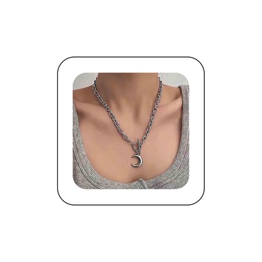 Andelaisi Boho Moon Circle Choker Necklace Vintage Silver Crescent Pendant Necklace Punk T Bar Toggle Necklace Personalized Cuban Choker Necklace Jewelry for Women