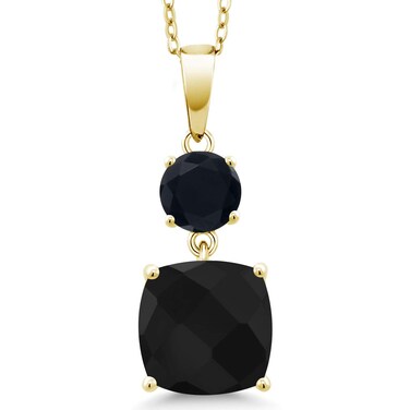 Gem Stone King 18K Yellow Gold Plated Silver Black Onyx Pendant Necklace For Women (4.60 Cttw, Gemstone December Birthstone, Cushion Checkerboard 10MM, Round 6MM)