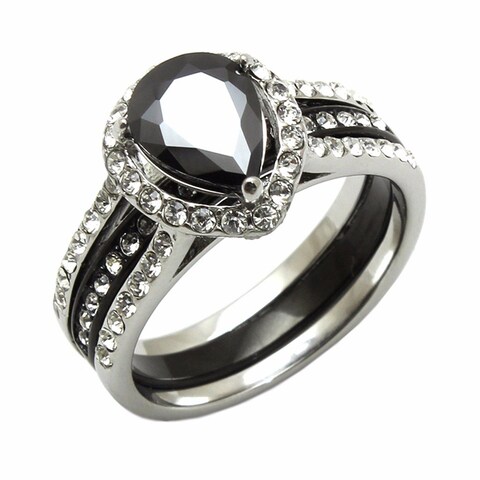 Womens Black Pear CZ Two Tone Black Stainless Steel 2 RINGS SET-SIZE 6