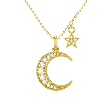 Yafeeso 14K Gold Crescent Moon Necklace, Solid Moon and Star Pendant Necklace with 5A Cubic Zirconia Anniversary Birthday Jewelry Gifts for Her, 16+2 Inch