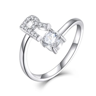 STARCHENIE Initial Ring for Women 925 Sterling Silver Letter R Alphabet Adjustable Ring Size 7