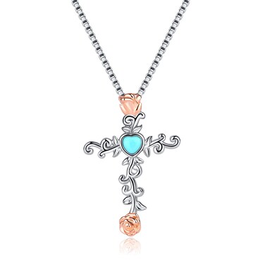 Western Cross Necklace Pendant for Women - 925 Sterling Silver Heart Turquoise Jewelry Rose Cross Necklaces Western Style Cowgirl Gift Gothic Pendant
