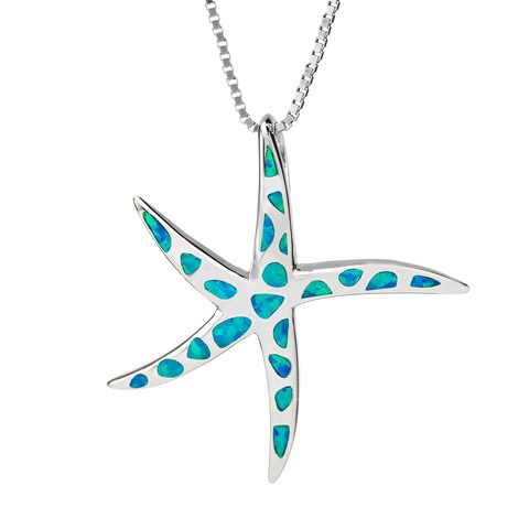 Aloha Jewelry Company Sterling Silver Created Blue Opal Starfish Necklace Pendant with 18&quot; Box Chain