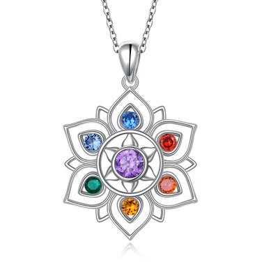 7 Chakra Necklace 925 Sterling Silver Lotus Flower Rainbow Stones Yoga Chakra Energy Balance Pendant Jewelry Birthday Gift for Women Spiritual Healing