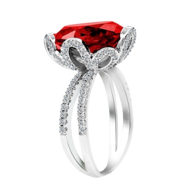 Uloveido Women Platinum Plated Cushion Cut Lab Created Red Garnet Ring Split Shank Flower Rings with Mirco Pave Cubic Zirconia Stones (Size 9) RJ212