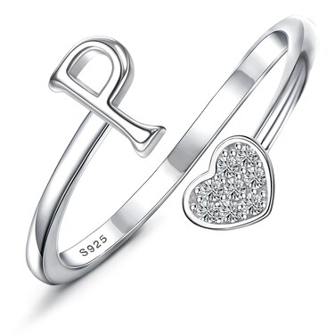 MILACOLATO 925 Sterling Silver Ring 18K White Gold Plated Initial Heart Rings Adjustable Capital Letter Initial Rings for Women Stackable Thumb Pinky Rings Valentine's Day Jewelry Trendy Stuff, P