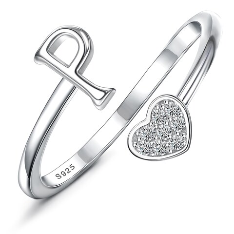 MILACOLATO 925 Sterling Silver Ring 18K White Gold Plated Initial Heart Rings Adjustable Capital Letter Initial Rings for Women Stackable Thumb Pinky Rings Valentine&#39;s Day Jewelry Trendy Stuff, P