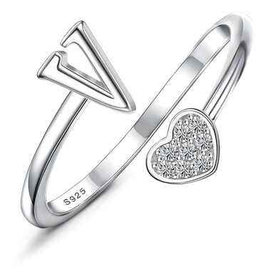 MILACOLATO 925 Sterling Silver Ring 18K White Gold Plated Initial Heart Rings Adjustable Capital Letter Initial Rings for Women Stackable Thumb Pinky Rings Valentine's Day Jewelry Trendy Stuff, V