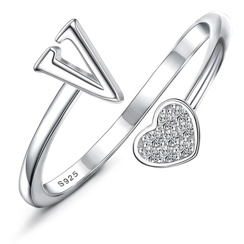 MILACOLATO 925 Sterling Silver Ring 18K White Gold Plated Initial Heart Rings Adjustable Capital Letter Initial Rings for Women Stackable Thumb Pinky Rings Valentine&#39;s Day Jewelry Trendy Stuff, V