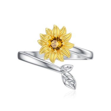 BETHZA Sunflower Rings for Women 925 Sterling Silver Natural Citrine Adjustable Sunflower Ring Jewelry Gift for Mother's Day Birthday Size 7