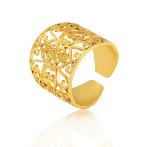 TEAMER Stainless Steel Hollow Flower Ring Boho Adjustable Open Finger Rings Fashion Jewelry Wedding Ring for Women (Flower 2-Gold)