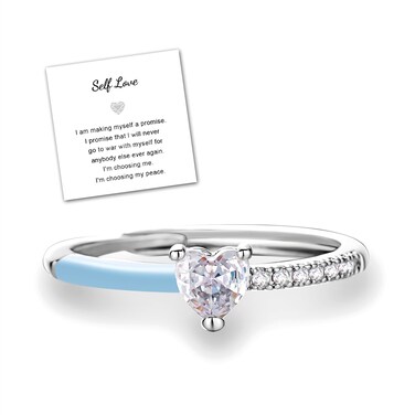 RINHOO FRIENDSHIP Self Love Ring for Women Heart-Cut Half Enamel Promise Rings for Mother Daughter Best Friends Silver Plated Self Love (Adjustable, Blue)