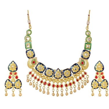 Efulgenz Meenakari Choker Set Indian Jewelry Set Antique Choker Kundan Crystal Faux Pearl Tassel Necklace Dangle Earrings Jewelry Set for Women