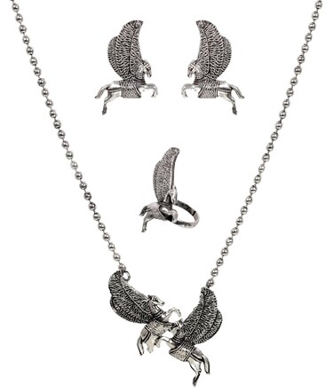 Siddhatva Designer Afghani Antique Oxidised Silver Indian Ethnic Tribal Gypsy Long Necklace Earrings Ring Jewelry Set Women