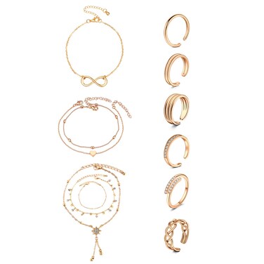 Mayhoop Toe Ring and Anklets Set Open Toe Rings Adjustable Toe Band Ring Set Finger Foot Jewelry for Women Men Silver Rose Gold