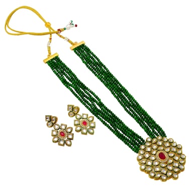 Jewar Necklace Layered Onyx Crystal Beads Gold Plated Pearl Polki Ad Cz Multi Stones Gold Tone Meena Work With Matching Earrings Long Jewelry Set For Women