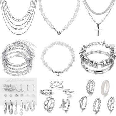 VKME 43 PCS Silver Jewelry Set for Women,Ball Dangle Hoop Earrings,Multi Layered Bracelets,Stackable Knuckle Rings,Adjustable Dainty Necklaces,Anniversary Valentine Fashion Trendy Party Gift Pack