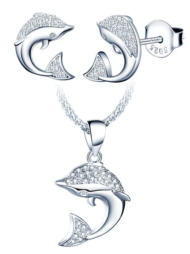 Yumilok Zircon Dolphin Necklace And Earring Sets for Women Jewelry Sets Sterling Silver Ocean Animal Stud Earrings Pendant Necklace Teen Friend Mom Wife Birthday Aniversario Gift Silver