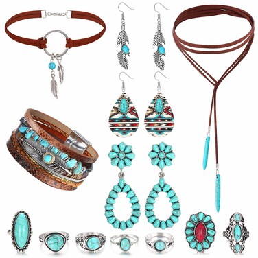 Florideco Western Jewelry for Women Bohemian Turquoise Jewelry Set Turquoise Faux Leather Cuff Bracelet Turquoise Pendant Choker Necklace Turquoise Hoop Dangle Earrings Turquoise Joint Knuckle Rings