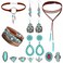 Florideco Western Jewelry for Women Bohemian Turquoise Jewelry Set Turquoise Faux Leather Cuff Bracelet Turquoise Pendant Choker Necklace Turquoise Hoop Dangle Earrings Turquoise Joint Knuckle Rings