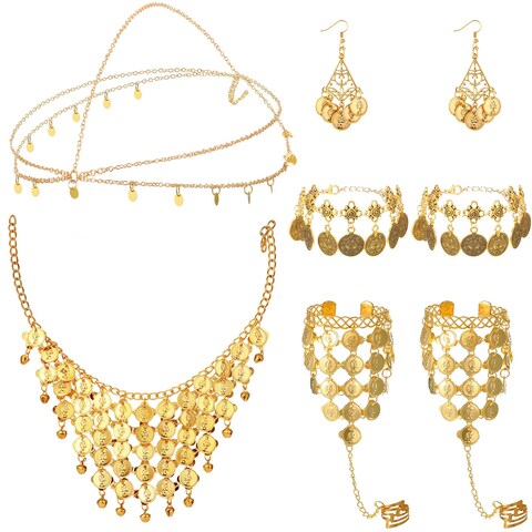 Inbagi Belly Dance Jewelry Set Women Belly Dance Gold Sequins Head Chain Coins Necklace Earrings Bracelets Bohemian Tassel Anklet Chain Hand Ring Bracelet Belly Dance Anklet Coin Veil Necklace